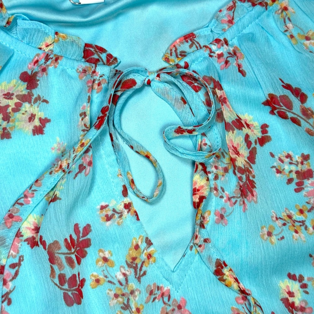 LC Lauren Conrad Womens Plus 2X Blue Floral Pleat Neck Ruffle Dress Lined Flowy - Picture 4 of 10